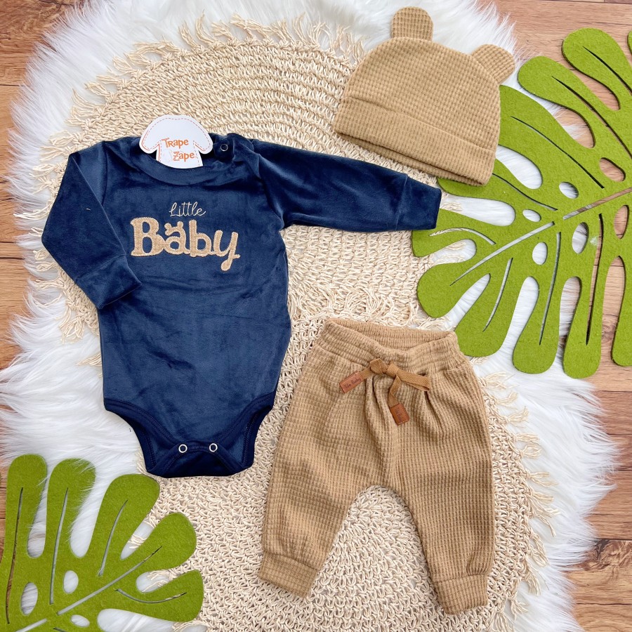 Conj. Body Little Baby em Plush, Calça em Malha Wafle e Gorro Ursinho - Marinho
